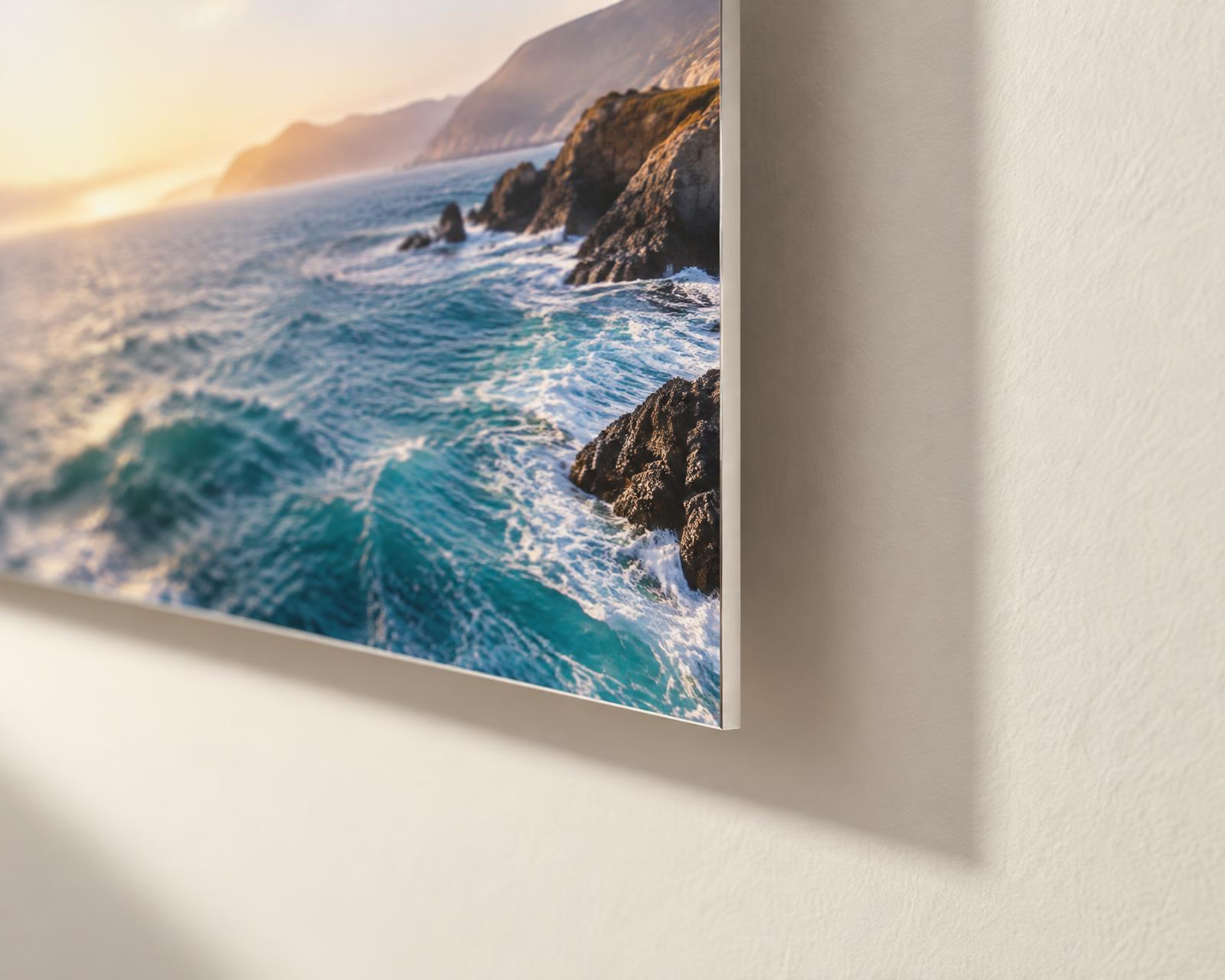 Clean edge of a ChromaLuxe metal print floating off the wall