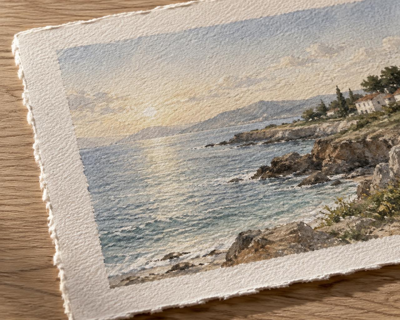 Coastal watercolor reproduction printed on textured watercolor cotton paper