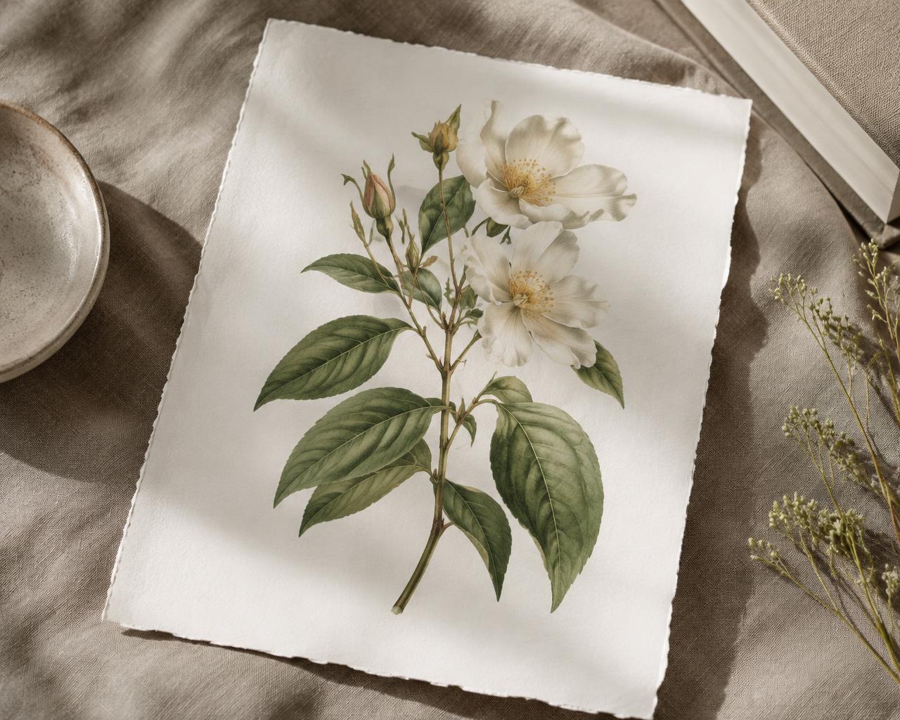 Botanical illustration printed on smooth matte cotton paper with a deckled edge