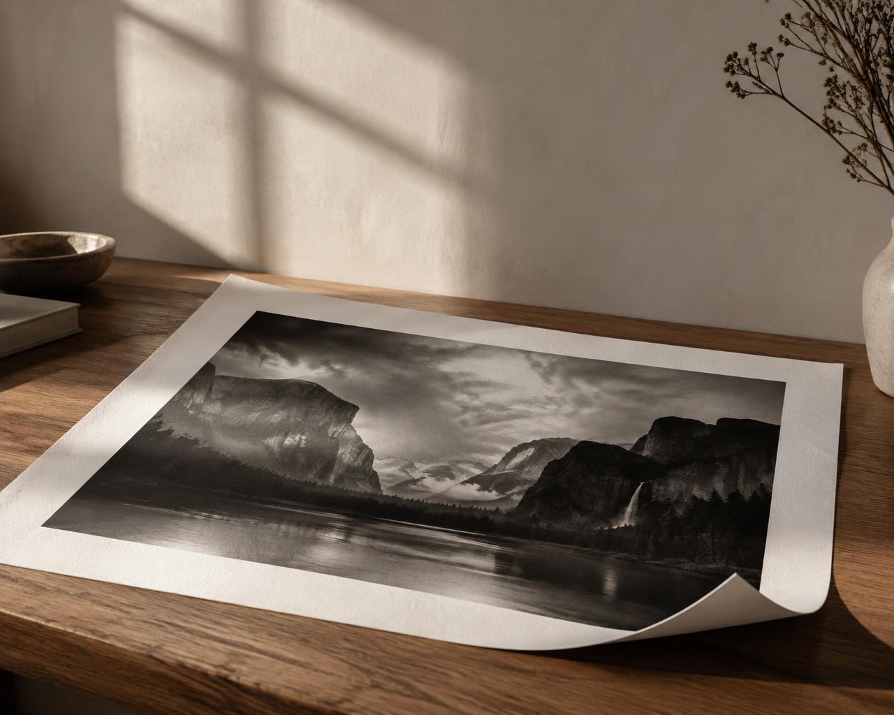 Black and white landscape printed on satin fibre rag paper resting on an oak table